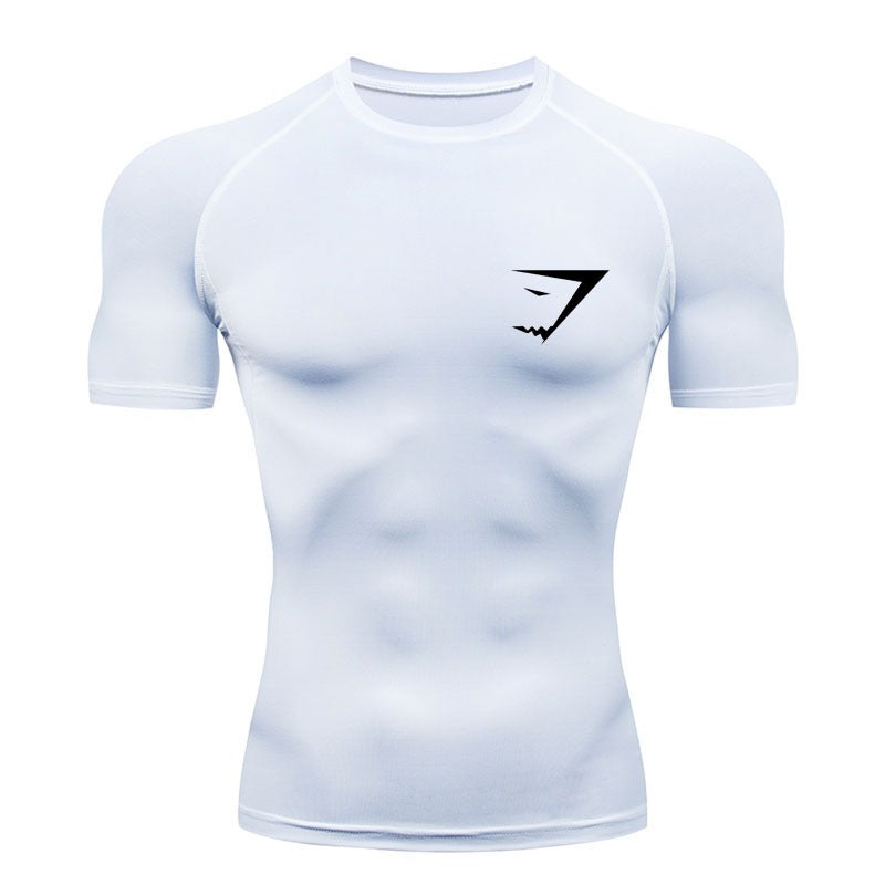 "GYM SHARK" Short Sleeve "White" Compression T-Shirt